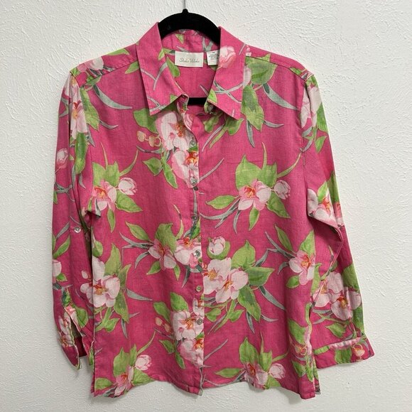 Pink Floral 100% Linen Tunic Top Long Sleeve Button Front Colorful Beach Size M - Picture 1 of 12